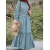 Striped Long Sleeve Turn  down Collar Long Sleeve Maxi Dress With Belt