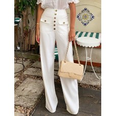 Casual Solid Color High Waist Buttons Zipper Wide Leg Pants For Women