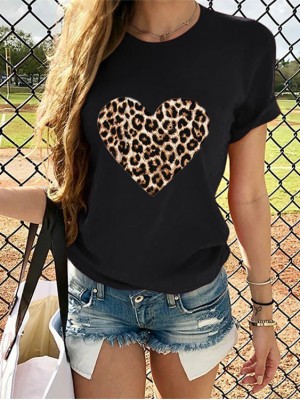 Leopard Print Love Print Round Neck Causal T  shirts For Women