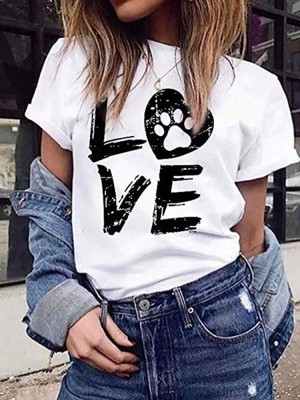 LOVE Print Round Neck Short Sleeve Casual T  shirts For Women