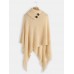 Women Solid Button Irregular Hem Shawl Tassel Sweaters