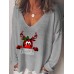 Women Christmas Letter Cartoon Print V  Neck Loose Long Sleeve T  Shirts