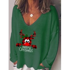 Women Christmas Letter Cartoon Print V  Neck Loose Long Sleeve T  Shirts