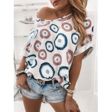 Women Abstract Floral Print One Shoulder Half Sleeve Design T  Shirts