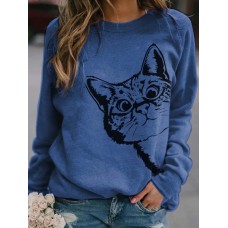 Women Cute Cartoon Cat Print Round Neck Loose Casual Long Sleeve T  Shirts