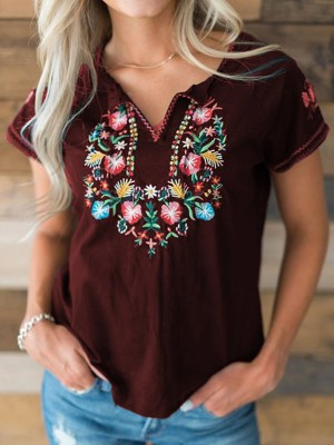 Women Floral Embroidery V  Neck Vintage Short Sleeve T  Shirts