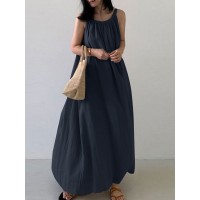 Solid Color Sleeveless Loose Cotton Maxi Dress