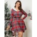 Plus Size V  neck Fur Stitching Plaid Patchwork Dress