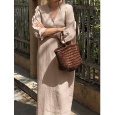 Solid Color Long Sleeve V  neck Loose Cotton Maxi Dress