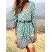 Bohemian Floral Print Tie Button V  neck Mini Dress