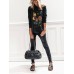 Women Floral Butterfly Print Round Neck Long Sleeve Casual T  Shirts